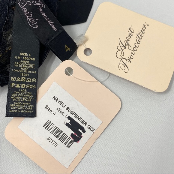 Agent Provocateur Nayeli SOIREE Gold Black Silk Suspender AP4 Large NWT $385 - Picture 11 of 11